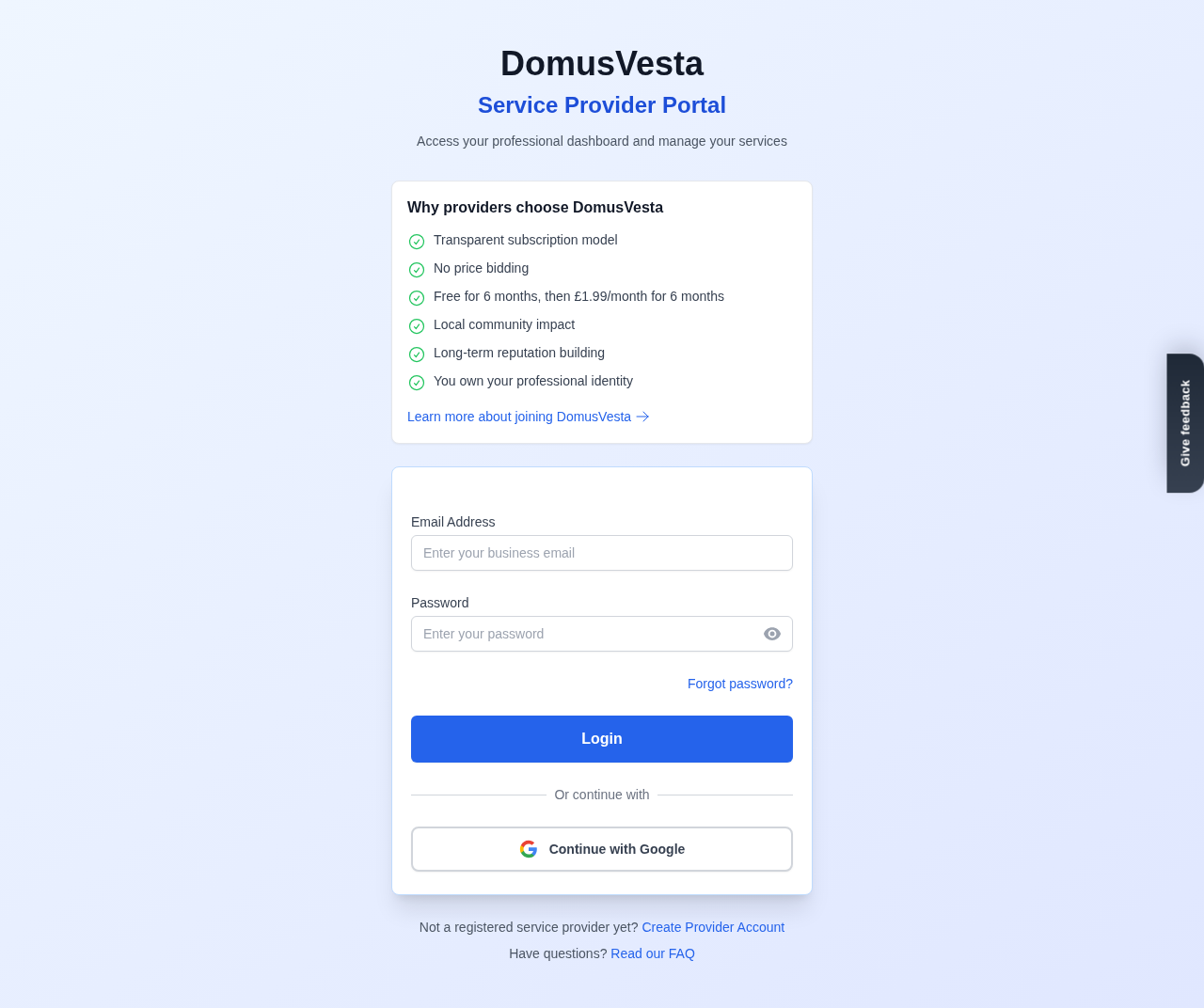 The provider sign-in and registration page