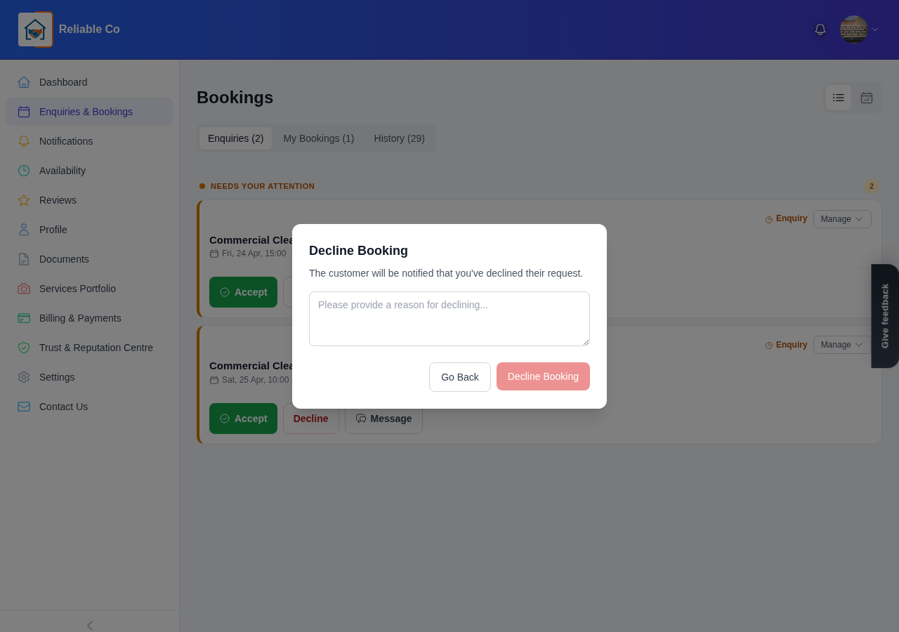 Declining an enquiry with a reason